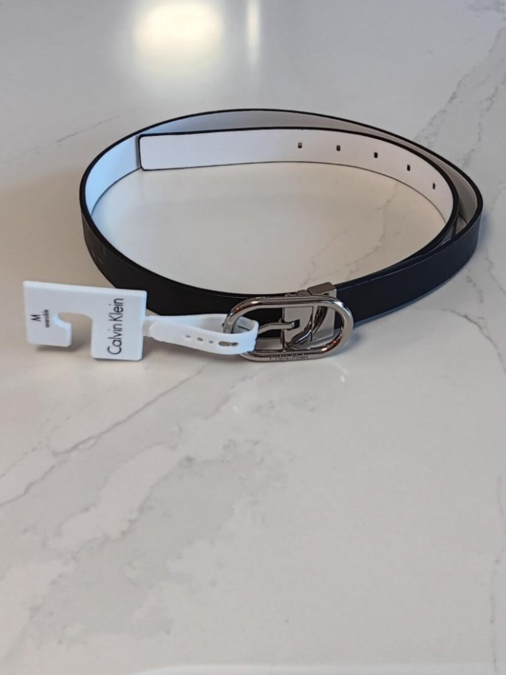 CALVIN KLEIN Womens Belt Reversible Black White Silver Buckle Size M NEW